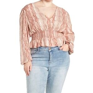 NWT AFRM X Nordstrom The Olive Long Sleeve Smocked Top In Soft Warm Snake Size S